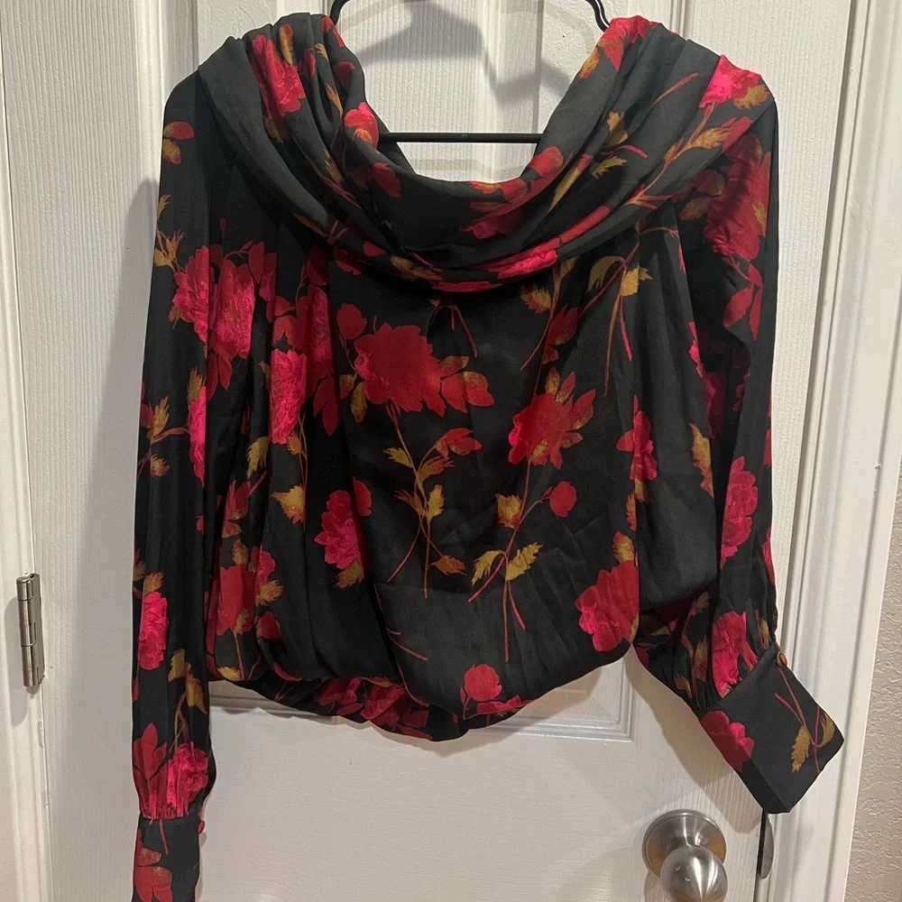 Free People Black and Red Floral Off-Shoulder Blouse.
